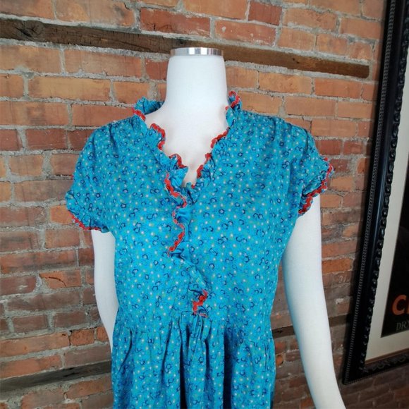 Hand Made Dress Aqua Floral Ruffle RickRack Trim Short Sleeves Cotton Size L - Picture 2 of 8